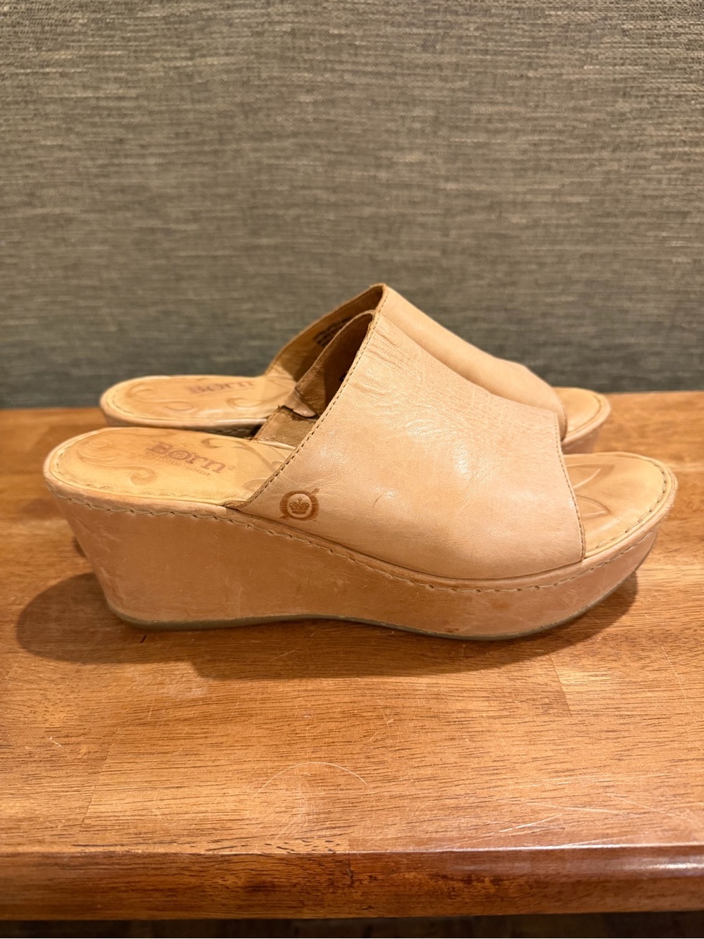 Born Tan Leather Wedge Slide Mules